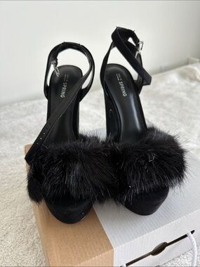 Call It Spring Black Faux Fur Platform Heels with Ankle Strap